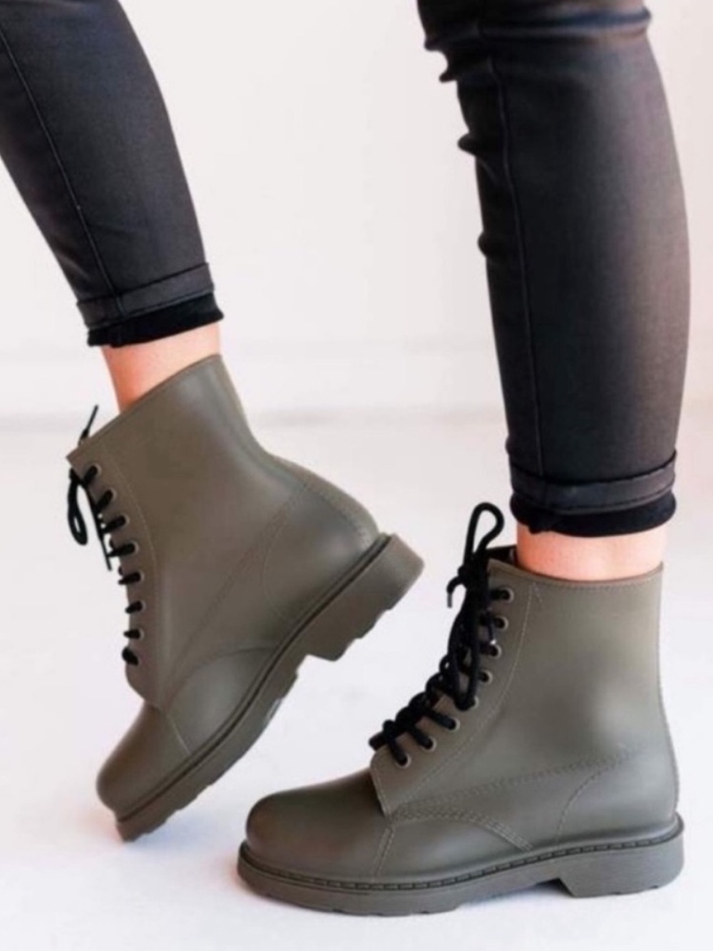 Olive green khaki combat boots ankle booties rain boots black laces lace up
